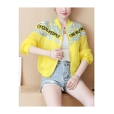 Womens Stylish Cartoon Letter Smile Face Printed Stand Collar Long Sleeve Zip Up Crop Jacket