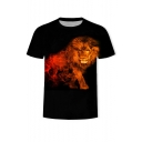 Mens New Trendy Short Sleeve Round Neck Lion Fire Printed Black T-Shirt