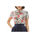 New Stylish Vintage Bow Front Short Sleeve Floral Polka Dot Print White Shirt