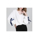 Summer Trendy Bow Blouson Long Sleeve Round Neck Plain Hollow Out Sheer Patched White Shirt