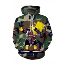 Popular Comic Camouflage Printed Long Sleeve Loose Fit Army Green Drawstring Pullover Hoodie