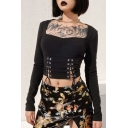 Ladies Mysterious Oriental Style Black Square Neck Long Sleeve Skinny Crop Tee with Wrap Skirt Embroidered Co-ords
