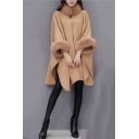 Fashionable Women's Faux Fur Collar Wool Plain Longline Cape Coat