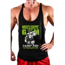 Mens Stylish Sleeveless Scoop Neck Racerback I WANT YOU Letter Cartoon Printed Muscle Tank Top