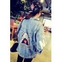 Womens Funny Cartoon Shark Printed Back Button Down Blue Denim Jacket