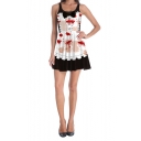 Halloween Fashion Bow-Tied Scoop Neck Sleeveless Blood Mini White Maid Cosplay Tank Dress