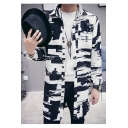 Mens New Trendy Lapel Collar Long Sleeve Print Button Closure Slim Fit Longline Black Trench Coat