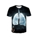 Mens New Stylish Funny Lungs Print Short Sleeve Round Neck Pullover Black T-Shirt