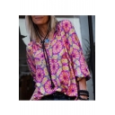 Summer Stylish Floral Pattern V-Neck Long Sleeve Casual Loose Blouse for Women