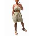 Womens Casual Linen Khaki Strap Crop Tops with Elastic Loose Paperbag Shorts Two-Piece Set
