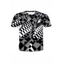 Fashion 3D Black And White Geometric Pattern Short Sleeve Basic T-Shirt