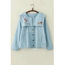Cute Embroidery Cartoon Pattern Print Navy Collar Single-Breasted Blue Loose Jacket Coat