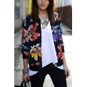 Floral Printed Stand-Up Collar Long Sleeve Tribal Style Zipper Black Thin Jacket Coat