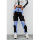Womens Summer High Waist Zippered Up Color Block Hollow Pockets Cuffed Casual Tapered Pants