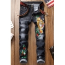 Men's New Fashion Cool Tiger Floral Embroidery Pattern Dark Grey Denim Washed Stretched Slim Fit Jeans