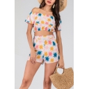 Ruffle Trim Off Shoulder Cropped T Shirt with High Waist Shorts Colorful Leaf Holiday Two Piece Set