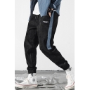 New Fashion Colorblock Patched Side Loose Fit Elastic Cuffs Mens Black Casual Sports Corduroy Tapered Pants