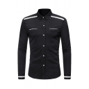 Mens Hot Stylish Long Sleeve Single Breasted Fake Pocket Embellished Colorblock Patch Fitted Shirt