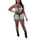 Womens Sexy Strapless Fashion Striped Printed Crop Top with Shorts Slim Bandeau Co-ords