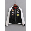 Womens Trendy Cartoon Rainbow Patched Stand Collar Long Sleeve Zip Up Baseball Jacket