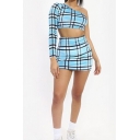 Womens Trendy Check Printed One Shoulder Long Sleeve Crop Tee with Mini Bodycon Skirt Two-Piece Set