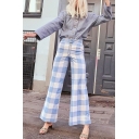 Girls Cool Street Style Zipper-Fly Check Printed Wide-Leg Pants