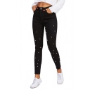 Womens Trendy Beading Embellished Stretch Fitted Black Denim Jeans