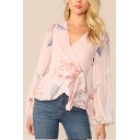 Womens Stylish Elegant Floral Pattern V-Neck Blouson Long Sleeve Bow Tied Leisure Pink Blouse Top