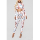 Womens Trendy Multicolour Abstract Print Patterns Round Neck Long Sleeve Crop Tops High Waist Workout Pants Co-ords