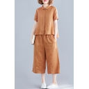 Womens Casual Orange Plain Linen Short Sleeve Collared Single Button Tops Elastic Culottes Pants Co-ords