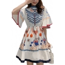 Womens Chic Pattern Round Neck Flared Sleeve Mini A-Line White Dress