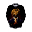 Popular Halloween Pumpkin Pattern Rib Stand Collar Long Sleeve Button Front Black Unisex Baseball Jacket