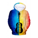 Hot Fashion Colorblock Guitar Printed Blue and Yellow Long Sleeve Trendy Drawstring Pullover Hoodie