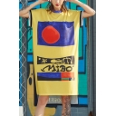Womens Fashion Round Neck Short Sleeve Color Block Letter Loose Shift T-Shirt Midi Dress