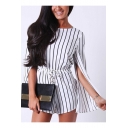 White Drawstring Waist Split Sleeve Cutout Round Neck Rompers for Office Lady