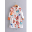 Summer Womens White Fashion Allover Pineapple Printed Long Sleeve Hooded Sun Protection Zip Up Longline Coat
