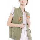 Womens Fashion Army Green Letter Patched Stand Collar Zip Up Sleeveless Vest Jacket