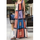 Vintage Color Block Polka Dot Pattern Sleeveless Maxi Strap Dress