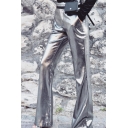 Unique Trendy Hot Drilling Silver High Waist Boot Cut Slim Fit Pants