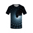 Men's Hot Fashion Whirlpool Print Round Neck Short Sleeve Black T-Shirt