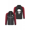 New Trendy Cool Skull Print Zip Closure Long Sleeve Hooded Black Baseball Jacket For Men