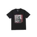 Hip Hop Style Rapper Figure Printed Round Neck Short Sleeve Black T-Shirt