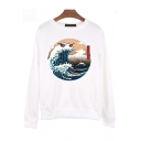 Fashion Ukiyo-e Style Sea Wave Japanese Printed Round Neck Long Sleeve White Sweatshirt
