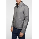 Mens Classic Simple Plain Stand-Collar Long Sleeve Zip Up Fitted Casual Grey Jacket