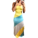 Women's Fashion Off the Shoulder Sleeveless Color Block Wrap Floor Length Dress