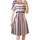 Womens Summer Round Neck Short Rolled Sleeve Striped Ruched Tie Front Midi A-Line Dress