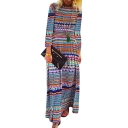 Womens New Fashion Round Neck Long Sleeve Tribal Print A-Line Maxi Dress
