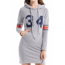 New Fashion Hoodie Long Sleeve Letter Print Pockets Casual Gray Sheath Sweatshirt Midi Dress