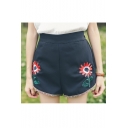 Stylish Sweet Vintage Elastic Waist Floral Embroidered Tribal Printed Dolphin Hem Fitted Loose Leg Shorts