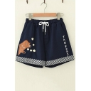 Summer Popular Drawstring Cord Fox Embroidered The Foxs Letter Check Trim Leisure Shorts